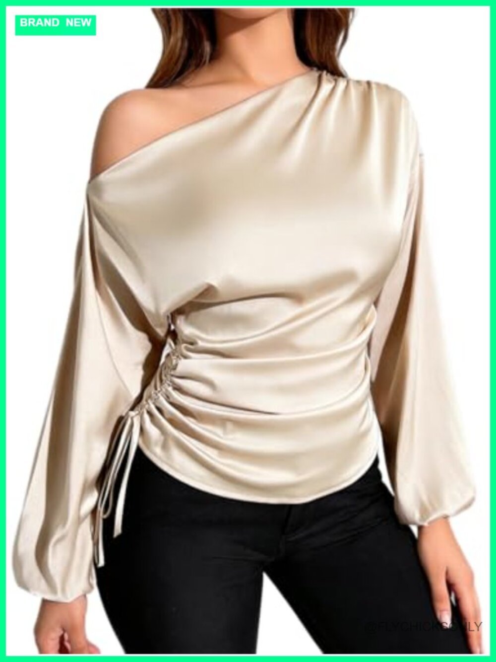 Elegant Satin Off Shoulder Lantern Long Sleeve Blouse
